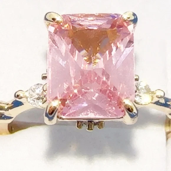 Princess Cut Pink CZ Ring Gold Plated Brass Size 7 - Picture 3 of 17